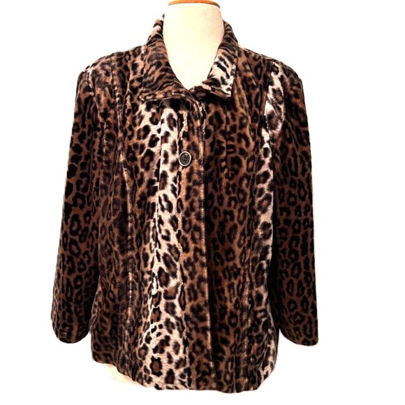 Chicos Women's Faux Fur Swing Coat Jacket Leopard Animal Print Size 3 (US 16) - Picture 1 of 11